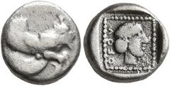 Greek DYNASTS OF LYCIA. Uvug, circa 470-440 BC. Diobol (Silver, 11 mm, 1.49 g, 9 h), uncertain mint. Forepart of a winged man-headed bull to right. Rev. 𐊒𐊇𐊒𐊄 ('uwug' in Lycian) Head of Apollo to r