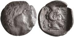 Greek DYNASTS OF LYCIA. Ddenewele, circa 420/10-400 BC. Obol (Silver, 10 mm, 0.42 g, 9 h). Uncertain design (head to right?). Rev. 𐊅𐊅𐊚-𐊏𐊁𐊇𐊁 ('Ddennwe' in Lycian) Head of Zeus Ammon to right, we