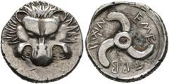 Greek DYNASTS OF LYCIA. Trbbenimi, circa 390-370 BC. 1/3 Stater (Subaeratus, 15 mm, 2.22 g), a contemporary imitation from an irregular mint. Facing lion's scalp. Rev. 𐊗𐊕𐊂-𐊂𐊚𐊏-𐊆𐊎𐊆 ('Trbbãnimi