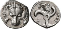 Greek DYNASTS OF LYCIA. Perikles, circa 380-360 BC. 1/3 Stater (Silver, 16 mm, 3.10 g, 4 h). Facing lion's scalp. Rev. 𐊓𐊁𐊕-𐊆𐊋𐊍-𐊁 ('Perikle' in Lycian) Triskeles; above, head of Hermes wearing w