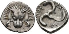 Greek DYNASTS OF LYCIA. Perikles, circa 380-360 BC. 1/3 Stater (Silver, 16 mm, 2.85 g). Facing lion's scalp. Rev. 𐊓𐊁𐊕-𐊆𐊋-𐊍𐊁 ('Perikle' in Lycian) Triskeles. BMC 157. Müseler VIII, 49. SNG von A