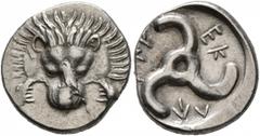 Greek DYNASTS OF LYCIA. Perikles, circa 380-360 BC. 1/3 Stater (Silver, 15 mm, 2.79 g). Facing lion's scalp. Rev. 𐊓𐊁𐊕-𐊆𐊋-𐊍𐊁 ('Perikle' in Lycian) Triskeles. BMC 157. Müseler VIII, 49. SNG von A