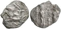 The Canaan Collection, Part III SAMARIA. 'Middle Levantine' Series. Circa 375-333 BC. Hemiobol (Silver, 9 mm, 0.26 g, 2 h). Griffin attacking stag to right. Rev. Ana, nude, facing Datames, both with r