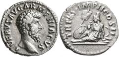 Roman Imperial Lucius Verus, 161-169. Denarius (Silver, 18 mm, 3.08 g, 7 h), Rome, autumn-December 163. L VERVS AVG ARMENIACVS Bare head of Lucius Verus to right. Rev. TR P III IMP II COS II Armenia, 