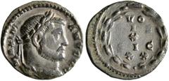Roman Imperial Galerius, as Caesar, 293-305. 1/4 Follis (Bronze, 14 mm, 1.23 g, 6 h), Treveri, circa March 302. MAXIMI-ANVS N C Laureate heaf of Maximianus to right. Rev. VO/[T]IS / X / SIC / XX in fi