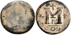 Byzantine Anastasius I, 491-518. Follis (Bronze, 20 mm, 4.36 g), uniface mint error, Constantinopolis, 498-518. Blank. Rev. Large M flanked by two eight-pointed stars; above, cross; below, Γ; in exerg
