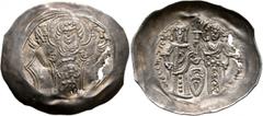 Byzantine John III Ducas (Vatatzes), emperor of Nicaea, 1222-1254. Aspron Trachy (Silver, 33 mm, 2.55 g, 12 h), Magnesia. The Virgin Mary standing facing, nimbate, wearing pallium and maphorium, raisi