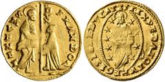Early Medieval & Islamic CRUSADERS. Venetians in the Levant. Ducat (Gold, 21 mm, 3.48 g, 9 h), imitating Venice. Uncertain mint, struck in the name of Francesco Donato, 1545-1553. St. Mark standing ri