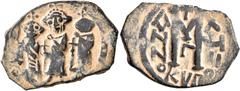 Early Medieval & Islamic ISLAMIC, Time of the Rashidun. Pseudo-Byzantine types. Fals (Bronze, 26 mm, 4.64 g, 7 h), imitating a 'Cyprus follis', uncertain mint, AH 15/16-23/4 = AD 637-643. Three imperi