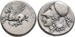 Greek CORINTHIA. Corinth. 375. Stater (Silver, 20 mm, 8.58 g, 8 h). Ϙ Pegasus flying left. Rev. Head of Athena to left, wearing Corinthian helmet; before, Δ; behind neckguard, I and Zeus seated right,