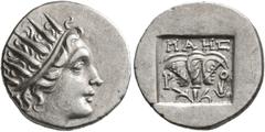 Greek ISLANDS OFF CARIA, Rhodos. Rhodes. Circa 88-84 BC. Drachm (Silver, 15 mm, 2.21 g, 11 h), 'Plinthophoric' coinage. Maes, magistrate. Radiate head of Helios to right. Rev. ΜΑΗΣ / P - O Rose with b