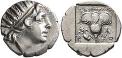 Greek ISLANDS OFF CARIA, Rhodos. Rhodes. Circa 88-84 BC. Drachm (Silver, 15 mm, 2.38 g, 12 h), 'Plinthophoric' coinage. Nikephoros, magistrate. Radiate head of Helios to right. Rev. ΝΙΚΗΦΟΡΟΣ / P - O 