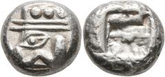 Greek LYCIA. Phaselis. Circa 500-480 BC. Stater (Silver, 18 mm, 10.89 g). Forepart of a galley to left, terminating in a boar's forepart; below, [dolphin]. Rev. Incuse square divided by two bands, wit