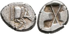 Greek DYNASTS OF LYCIA. Uncertain dynast, circa 500-480 BC. Stater (Silver, 22 mm, 9.22 g). Forepart of a boar to left. Rev. Incuse square, with indentations on three sides, divided by large X. Müsele