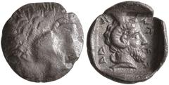 Greek DYNASTS OF LYCIA. Ddenewele, circa 420/10-400 BC. Obol (Silver, 10 mm, 0.42 g, 9 h). Uncertain design (head to right?). Rev. 𐊅𐊅𐊚-𐊏𐊁𐊇𐊁 ('Ddennwe' in Lycian) Head of Zeus Ammon to right, we