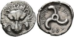 Greek DYNASTS OF LYCIA. Trbbenimi, circa 390-370 BC. 1/3 Stater (Silver, 16 mm, 2.61 g). Facing lion's scalp. Rev. 𐊗𐊕𐊂-𐊇𐊂𐊚𐊏-𐊆𐊎𐊆 ('Trbwbãnimi (sic!)' in Lycian) Triskeles. BMC 147. Müseler VI