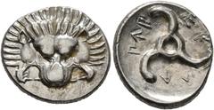 Greek DYNASTS OF LYCIA. Perikles, circa 380-360 BC. 1/3 Stater (Silver, 16 mm, 2.82 g). Facing lion's scalp. Rev. 𐊓𐊁𐊕-𐊆𐊋-𐊍𐊁 ('Perikle' in Lycian) Triskeles. BMC 155-7. Müseler VIII, 47-51. SNG 