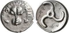 Greek DYNASTS OF LYCIA. Perikles, circa 380-360 BC. 1/3 Stater (Silver, 16 mm, 2.70 g). Facing lion's scalp. Rev. 𐊓𐊁𐊕-𐊆𐊋-𐊍𐊁 ('Perikle' in Lycian) Triskeles. BMC 157. SNG von Aulock 4255. Struck