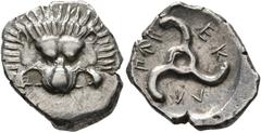 Greek DYNASTS OF LYCIA. Perikles, circa 380-360 BC. 1/3 Stater (Silver, 17 mm, 2.66 g). Facing lion's scalp. Rev. 𐊓𐊁𐊕-𐊆𐊋-𐊍𐊁 ('Perikle' in Lycian) Triskeles. BMC 157. Müseler VIII, 49. SNG von A