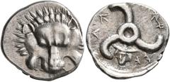 Greek DYNASTS OF LYCIA. Perikles, circa 380-360 BC. 1/3 Stater (Silver, 17 mm, 3.10 g, 1 h). Facing lion's scalp. Rev. 𐊓𐊁𐊕-𐊆𐊋-𐊍𐊁 ('Perikle' in Lycian) Triskeles; below, facing head of Hermes we