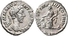 Roman Imperial Commodus, 177-192. Denarius (Silver, 19 mm, 3.36 g, 11 h), Rome, 181. M COMMODVS ANTONINVS AVG Laureate head of Commodus to right. Rev. TR P VI IMP IIII COS III P P Annona standing fron