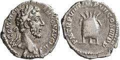 Roman Imperial Commodus, 177-192. Denarius (Silver, 19 mm, 2.97 g, 5 h), Rome, 184. M COMMODVS ANTON AVG PIVS Laureate head of Commodus to right. Rev. P M TR P VIIII IMP VII COS IIII P P Modius contai
