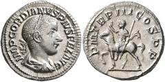 Roman Imperial Gordian III, 238-244. Denarius (Silver, 19 mm, 3.00 g, 7 h), Rome, 240. IMP GORDIANVS PIVS FEL AVG Laureate, draped and cuirassed bust of Gordian III to right. Rev. P M TR P III COS P P