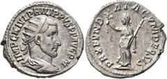 Roman Imperial Philip I, 244-249. Antoninianus (Silver, 22 mm, 5.00 g, 1 h), Antiochia, 244-245. IMP C M IVL PHILIPPVS AVG P M Radiate, draped and cuirassed bust of Philip to right, seen from behind. 