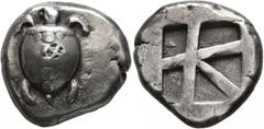 Greek ISLANDS OFF ATTICA, Aegina. Circa 480-457 BC. Stater (Silver, 21 mm, 12.21 g). Sea turtle with line of pellets down the back of its shell. Rev. Square incuse with large skew pattern. Meadows, Ae