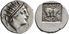 Greek ISLANDS OFF CARIA, Rhodos. Rhodes. Circa 88-84 BC. Drachm (Silver, 15 mm, 2.42 g, 12 h), 'Plinthophoric' coinage. Maes, magistrate. Radiate head of Helios to right. Rev. ΜΑΗΣ / P - O Rose with b