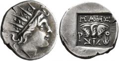 Greek ISLANDS OFF CARIA, Rhodos. Rhodes. Circa 88-84 BC. Drachm (Silver, 15 mm, 2.41 g, 11 h), 'Plinthophoric' coinage. Maes, magistrate. Radiate head of Helios to right. Rev. ΜΑΗΣ / P - O Rose with b