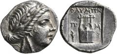 Greek LYCIA. Olympos. Circa 84-77 BC. Drachm (Silver, 15 mm, 2.42 g, 1 h). Laureate head of Apollo to right. Rev. OΛYMΠH / Π-M Kithara; to lower left, torch; all within incuse square. Troxell 44. Nice