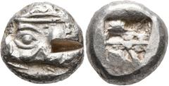 Greek LYCIA. Phaselis. Circa 500-480 BC. Stater (Silver, 19 mm, 10.90 g). Forepart of a galley to left, terminating in a boar's forepart; below, [dolphin]. Rev. Incuse square divided by two bands, wit