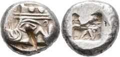 Greek LYCIA. Phaselis. Circa 500-480 BC. Stater (Silver, 19 mm, 11.00 g). Forepart of a galley to left, terminating in a boar's forepart; below, [dolphin]. Rev. Incuse square divided by two bands, wit