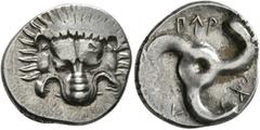 Greek DYNASTS OF LYCIA. Perikles, circa 380-360 BC. 1/3 Stater (Silver, 16 mm, 2.84 g). Facing lion's scalp. Rev. 𐊓𐊁𐊕-𐊆𐊋-𐊍𐊁 ('Perikle' in Lycian) Triskeles. BMC 155-7. Müseler VIII, 47-51. SNG 