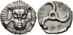 Greek DYNASTS OF LYCIA. Perikles, circa 380-360 BC. 1/3 Stater (Silver, 15 mm, 2.79 g). Facing lion's scalp. Rev. 𐊓𐊁𐊕-𐊆𐊋-𐊍𐊁 ('Perikle' in Lycian) Triskeles. BMC 155-7. Müseler VIII, 47-51. SNG 