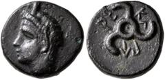 Greek DYNASTS OF LYCIA. Perikles, circa 380-360 BC. AE (Bronze, 13 mm, 2.00 g). Horned head of Pan to left. Rev. 𐊓𐊁-𐊕𐊆-𐊋𐊍 ('Perikle' in Lycian) Triskeles. Müseler VIII, 52-5. SNG von Aulock 4257