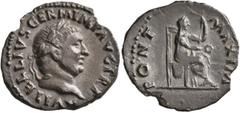 Roman Imperial Vitellius, 69. Denarius (Silver, 19 mm, 2.44 g, 7 h), Rome. A VITELLIVS GERM IMP AVG TR P Laureate head of Vitellius to right. Rev. PONT MAXIM Vesta seated to right on throne, holding p