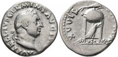 Roman Imperial Vitellius, 69. Denarius (Silver, 18 mm, 3.13 g, 7 h), Rome, late April-20 December 69. A VITELLIVS GERM IMP AVG TR P Laureate head of Vitellius to right. Rev. XV VIR SACR FAC Tripod wit