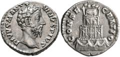 Roman Imperial Divus Marcus Aurelius, died 180. Denarius (Silver, 18 mm, 3.25 g, 12 h), Rome, 180. DIVVS M ANTONINVS PIVS Bare head of Divus Marcus Aurelius to right. Rev. CONSECRATIO Funeral pyre of 