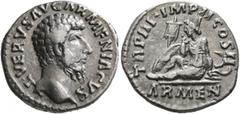 Roman Imperial Lucius Verus, 161-169. Denarius (Silver, 17 mm, 3.14 g, 6 h), Rome, autumn-December 163. L VERVS AVG ARMENIACVS Bare head of Lucius Verus to right. Rev. TR P III IMP II COS II / ARMEN A