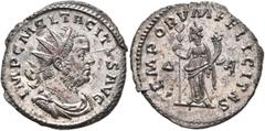 Roman Imperial Tacitus, 275-276. Antoninianus (Silvered bronze, 22 mm, 4.07 g, 2 h), Lugdunum, March-April 276. IMP C M CL TACITVS AVG Radiate, draped and cuirassed bust of Tacitus to right. Rev. TEMP