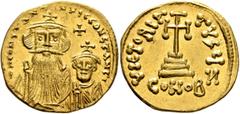 Byzantine Constans II, with Constantine IV, 641-668. Solidus (Gold, 20 mm, 4.28 g, 7 h), Constantinopolis, 654-659. δ N CONSTANTINЧS C CONSTANTI Crowned and draped bust of Constans facing, with long b