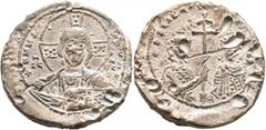 Byzantine Seals Basil II Bulgaroktonos, with Constantine VIII, 976-1025. Seal (Lead, 31 mm, 24.42 g, 11 h). +ЄΜΜΑ-ΝΟVΗΛ / IC - XC Bust of Christ Pantokrator facing, wearing nimbus cruciger, each arm o