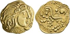 The Kleinkunst Collection CELTIC, Northeast Gaul. Parisii. Late 2nd to mid 1st century BC. Stater (Gold, 26 mm, 7.00 g, 3 h), Mint A, Class 5. Celticized head of Apollo to right, with long, wavy hair,