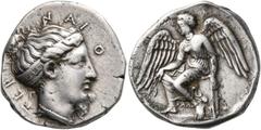The Kleinkunst Collection BRUTTIUM. Terina. Circa 420-400 BC. Didrachm or Nomos (Silver, 21 mm, 7.81 g, 3 h), signed by P.... TEPINAION Head of the nymph Terina to right, wearing pearl necklace and wi