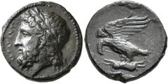 The Kleinkunst Collection SICILY. Akragas. Circa 338-287 BC. Litra (Bronze, 18 mm, 4.55 g, 10 h). AKPAΓANTI Laureate head of Zeus to left. Rev. Eagle standing left, wings spread, clutching dead hare h
