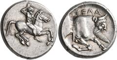 The Kleinkunst Collection SICILY. Gela. Circa 490/85-480/75 BC. Didrachm (Silver, 20 mm, 8.73 g, 6 h). Nude bearded warrior riding horse to right, brandishing spear in his right hand and holding reins