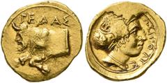 The Kleinkunst Collection SICILY. Gela. Circa 406-405 BC. 1 1/3 Litra or Tetradrachm (Gold, 11 mm, 1.17 g, 3 h). ΓEΛAΣ Forepart of the river-god Gelas, in the form of a man-headed bull, to left. Rev. 