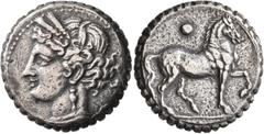 The Kleinkunst Collection CARTHAGE. Third Punic War. Circa 149-146 BC. Double Shekel (Billon, 25 mm, 13.23 g, 1 h), serrated edge. Head of Tanit to left, wearing wreath of grain ears, pendant earring 